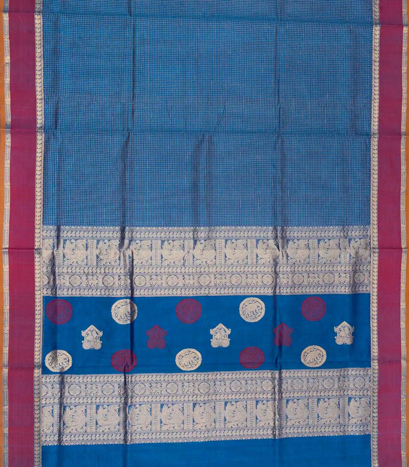 Blue Handloom Silk Cotton Saree With Checks