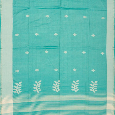 Turquoise Handloom Bengal Cotton Saree With Stripes & Buttas