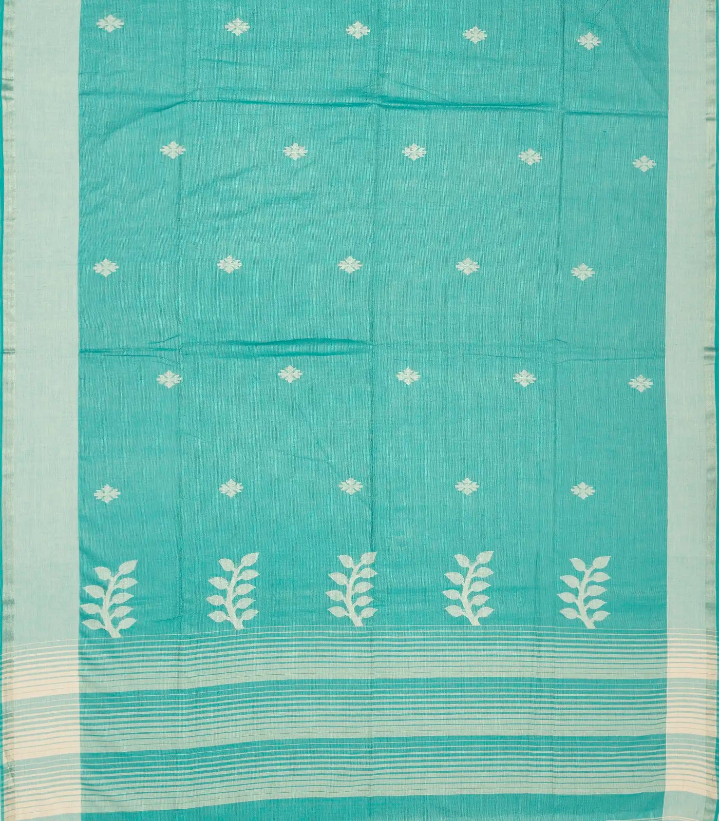 Turquoise Handloom Bengal Cotton Saree With Stripes & Buttas