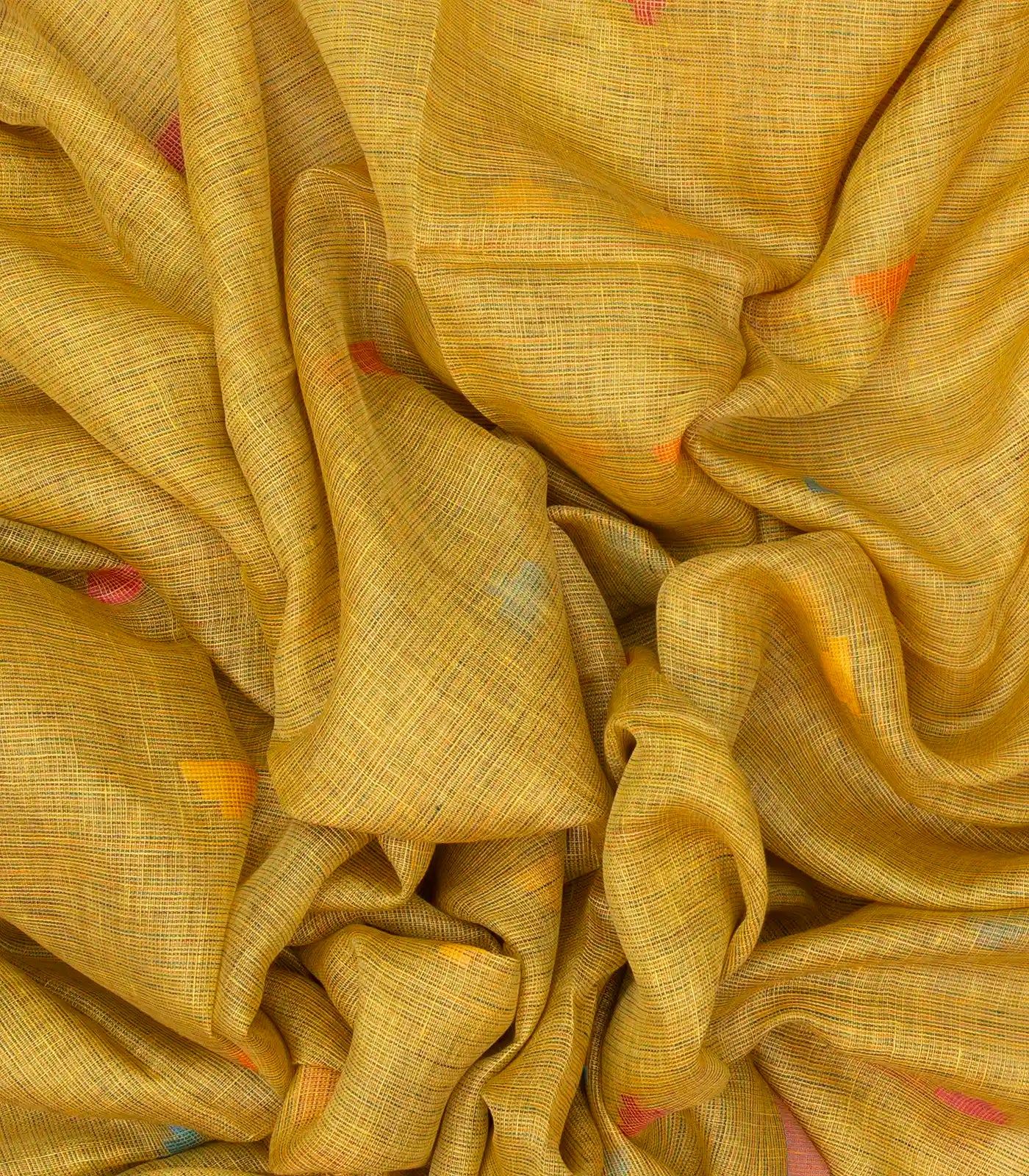 Gold Handloom Linen Saree With Temple Buttas