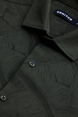 Dark Green Slim Fit Self-Design Shirt