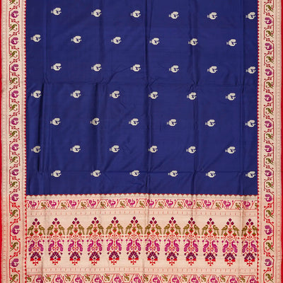 Navy Blue Handloom Banarasi Silk Saree With Peacock Buttas & Contrast Border