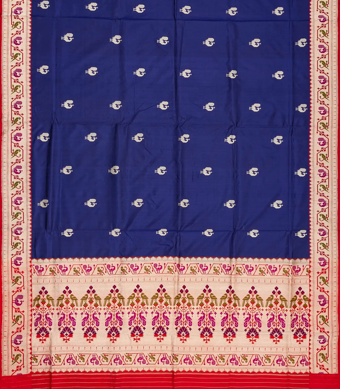 Navy Blue Handloom Banarasi Silk Saree With Peacock Buttas & Contrast Border