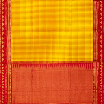 Yellow Handloom Soft Silk Saree With Checks & Contrast Red Border