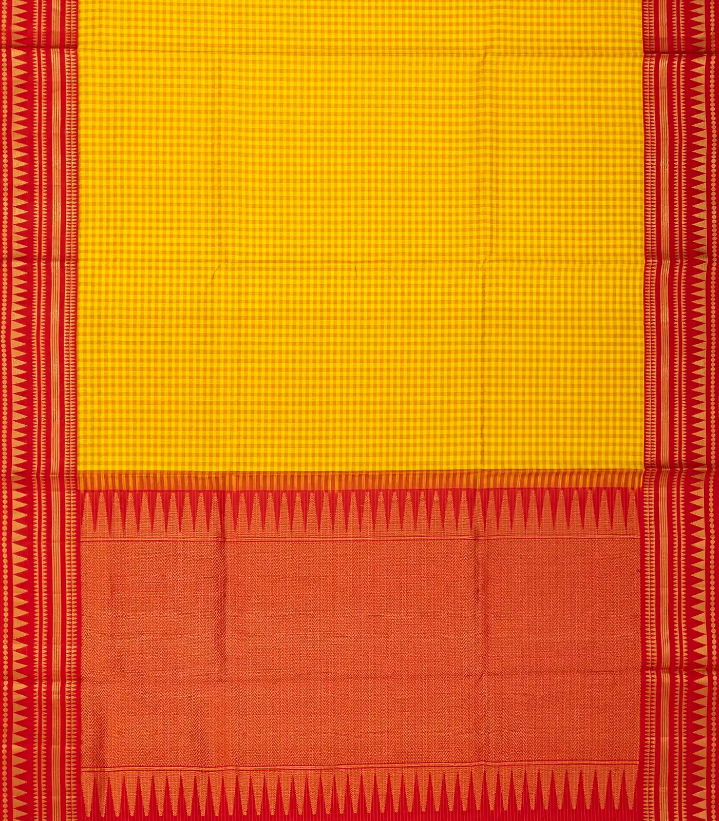 Yellow Handloom Soft Silk Saree With Checks & Contrast Red Border