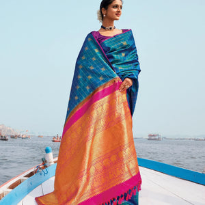 Cyan Handloom Kanchipuram Silk Saree With Checks & Annam Buttas