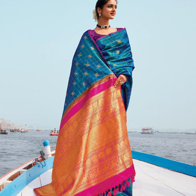 Cyan Handloom Kanchipuram Silk Saree With Checks & Annam Buttas