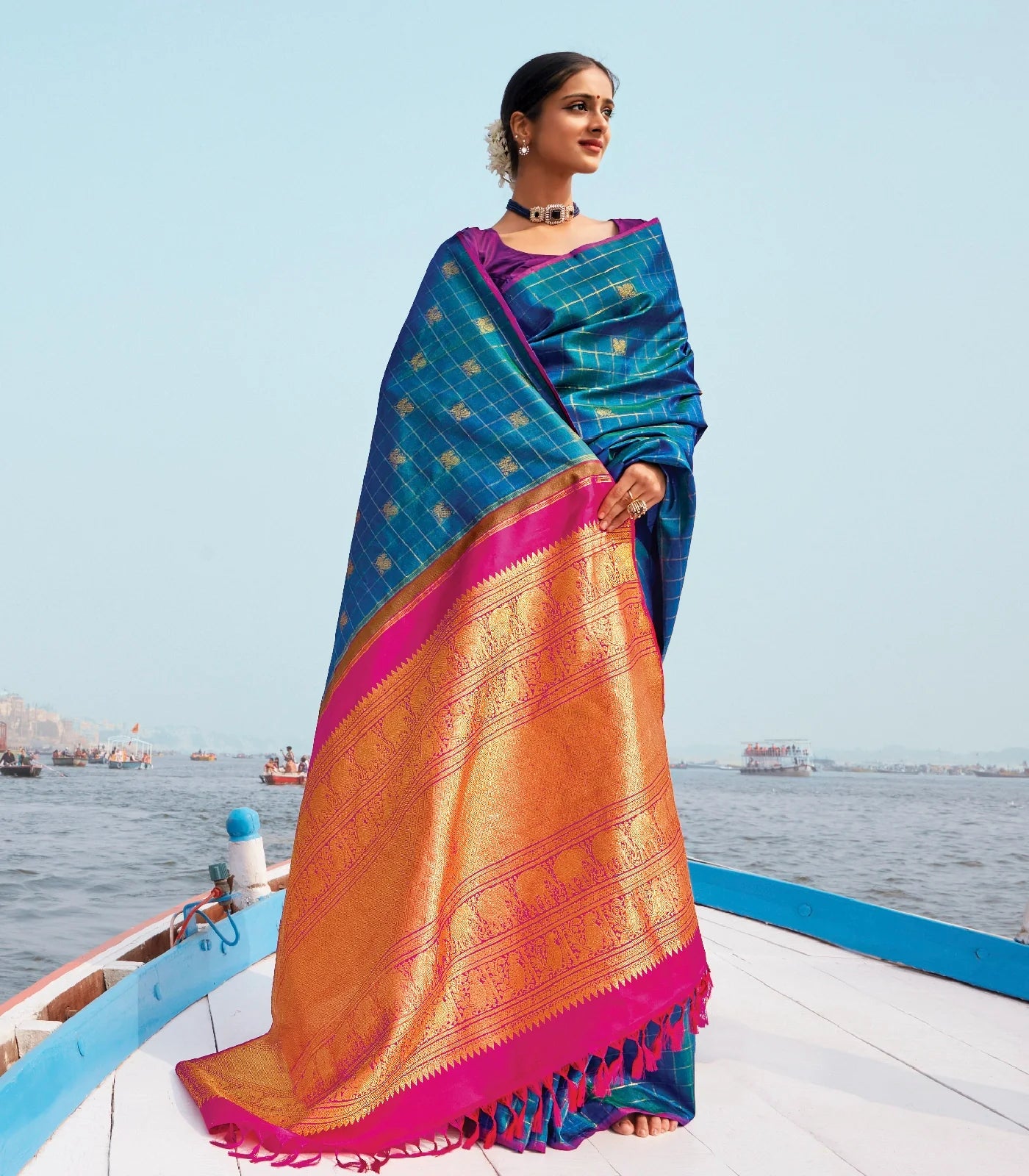 Cyan Handloom Kanchipuram Silk Saree With Checks & Annam Buttas