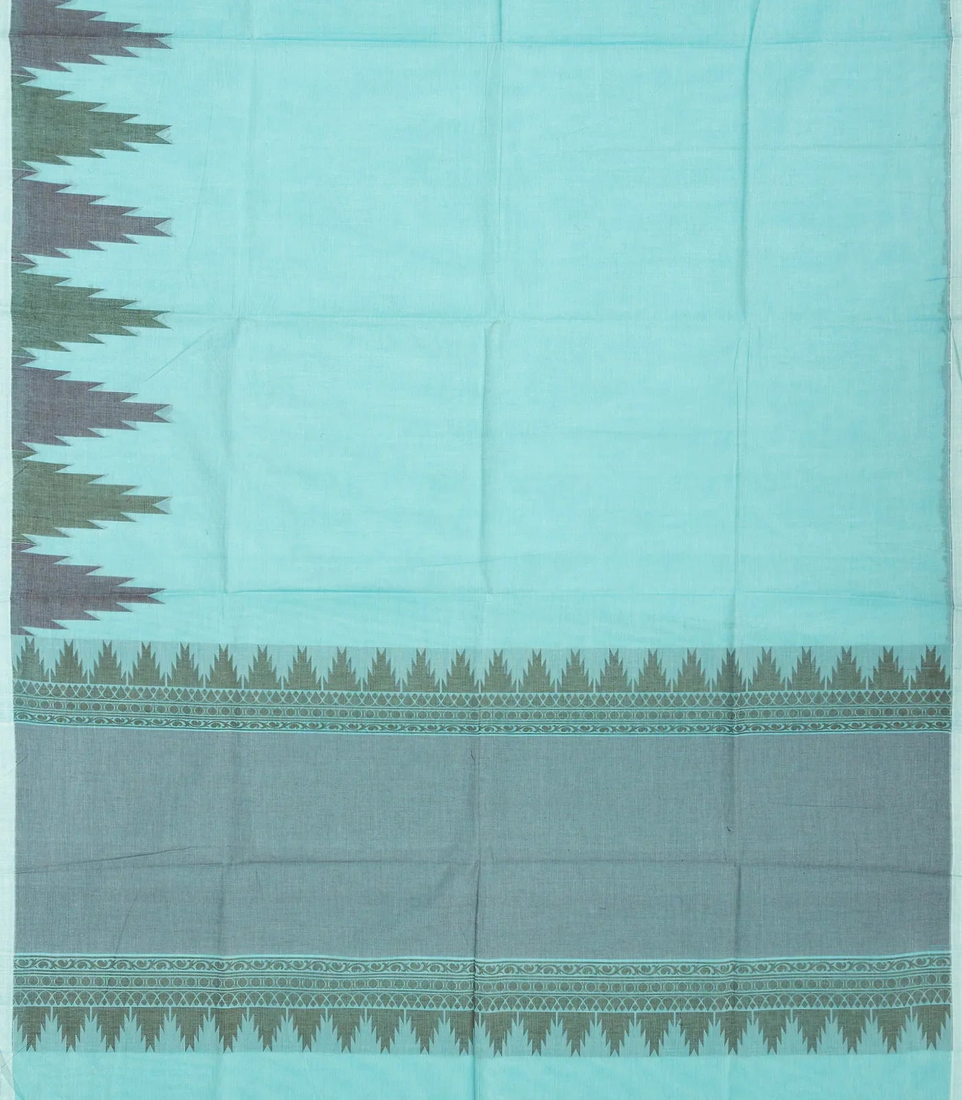 Light Blue Handloom Village Cotton Saree With Temple Border
