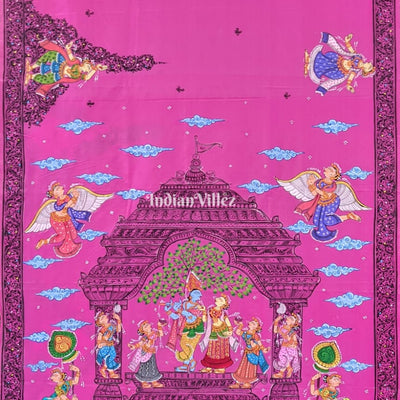 Royal Pink Radha Krisha Pattachitra Art on Pure Silk Saree