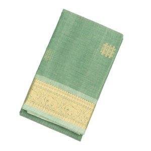 Light Green Handloom Kanchi Cotton Saree With Kolam Butta And Animal Motifs.