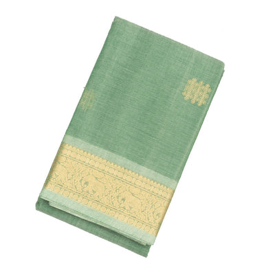 Light Green Handloom Kanchi Cotton Saree With Kolam Butta And Animal Motifs.