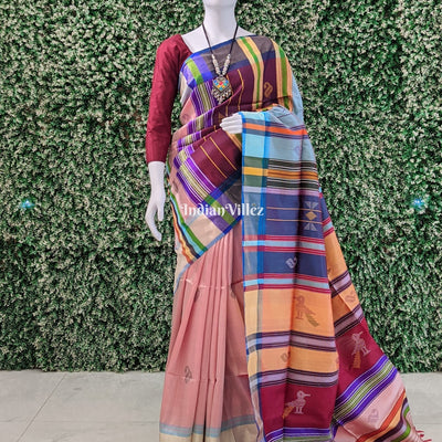Pink Dual Tone Multicolor Double Pallu Handwoven Soft Silk Saree