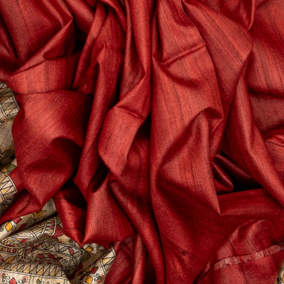 Crimson Handloom Tussar Silk Saree With Printed Fish Motifs