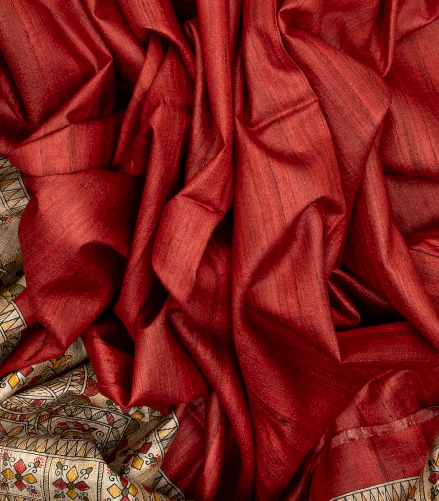 Crimson Handloom Tussar Silk Saree With Printed Fish Motifs