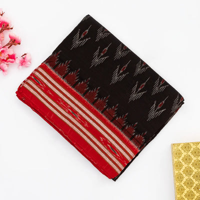 Black Orissa Cotton Saree With Tie & Dye Motifs & Contrast Red Border