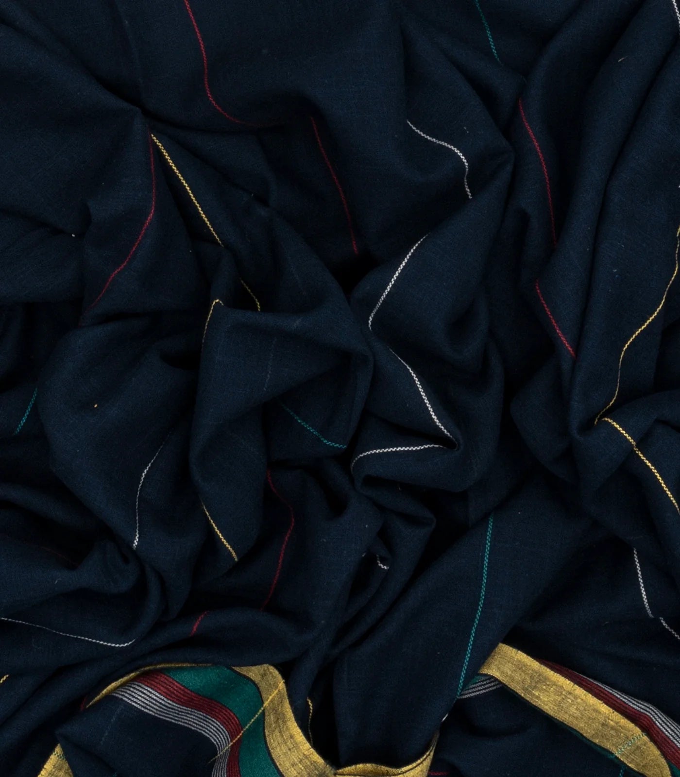 Midnight Blue Handloom Bhujodi Cotton Saree With Multi Stripes