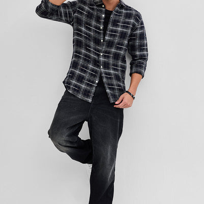 Black Slub Textured Checks Shirt
