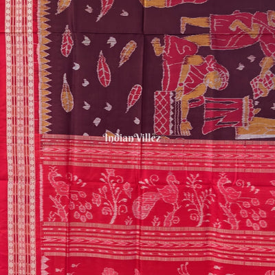 Wine Red Color Tribal Theme Sambalpuri Ikat Silk Saree