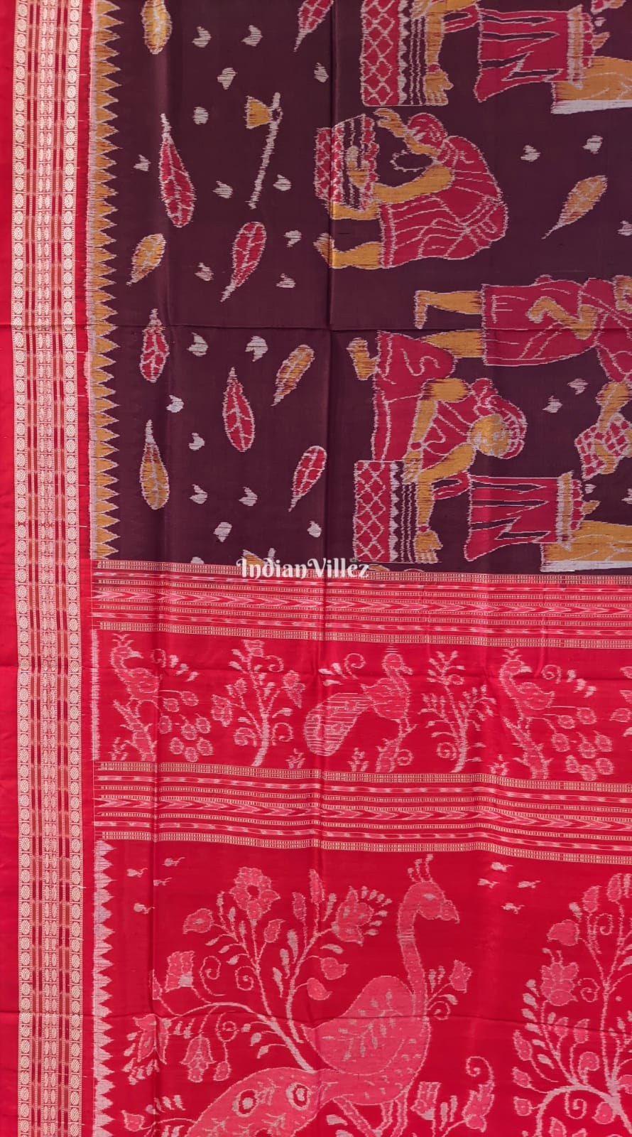 Wine Red Color Tribal Theme Sambalpuri Ikat Silk Saree