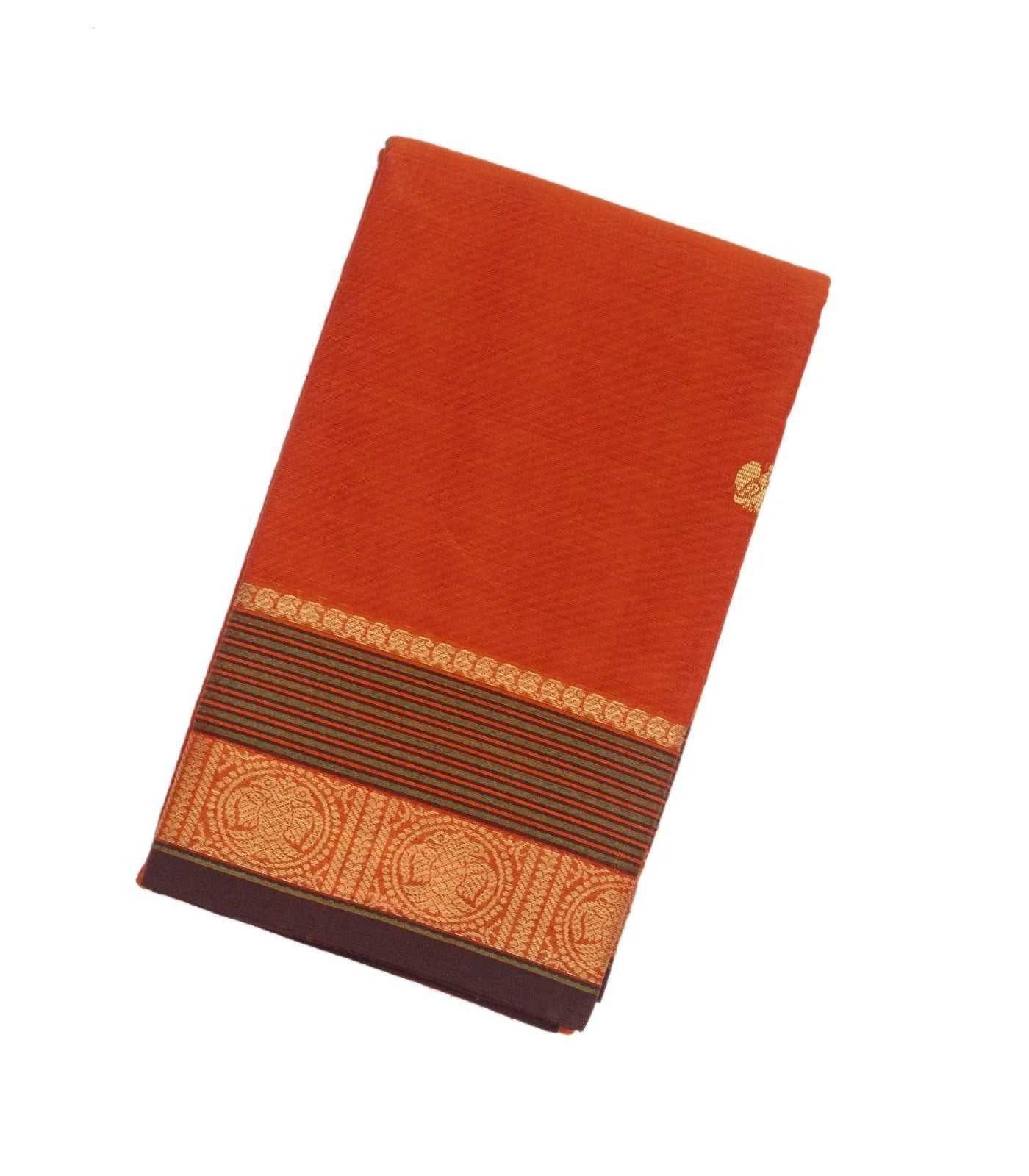 Orange Handloom Kanchi Cotton Saree With Annam Buttas