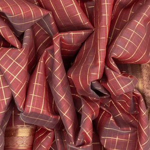 Dark Peach Handloom Silk Cotton Saree With Zari Checks