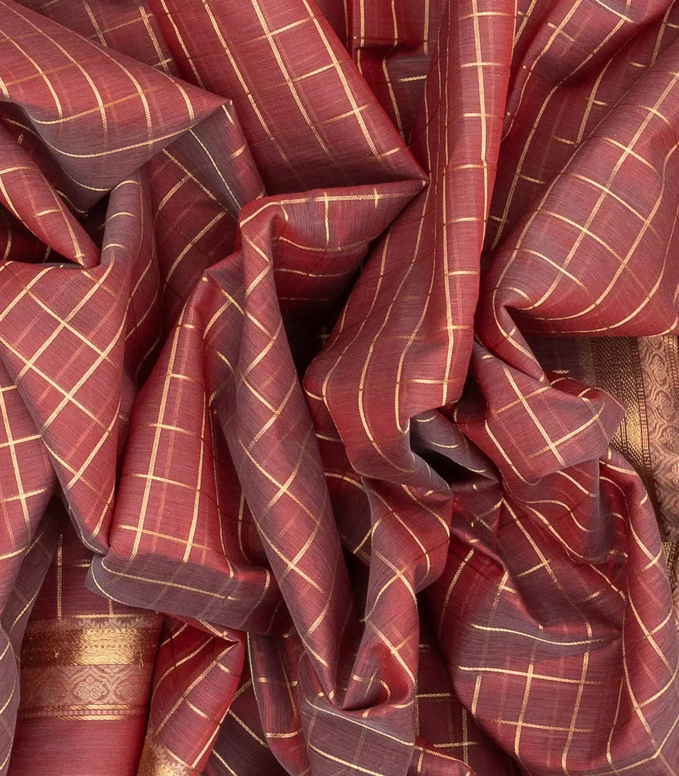 Dark Peach Handloom Silk Cotton Saree With Zari Checks