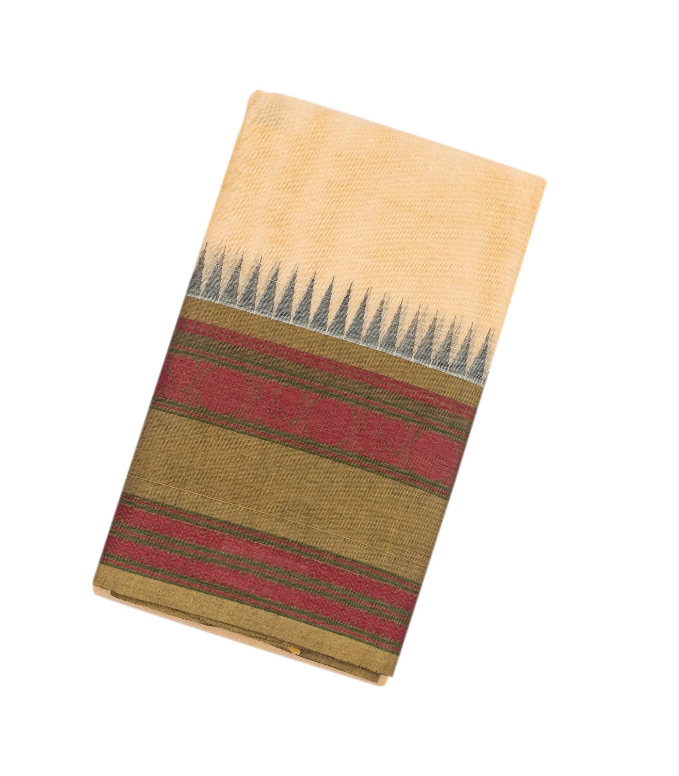 Cream Handloom Korvai Kanchi Cotton Saree With Annam Buttas