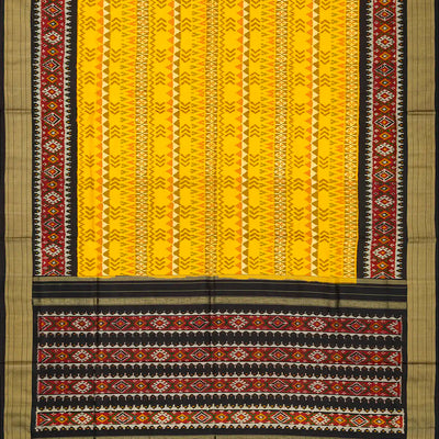 Yellow Handloom Ikat Silk Saree With Contrast Black Border