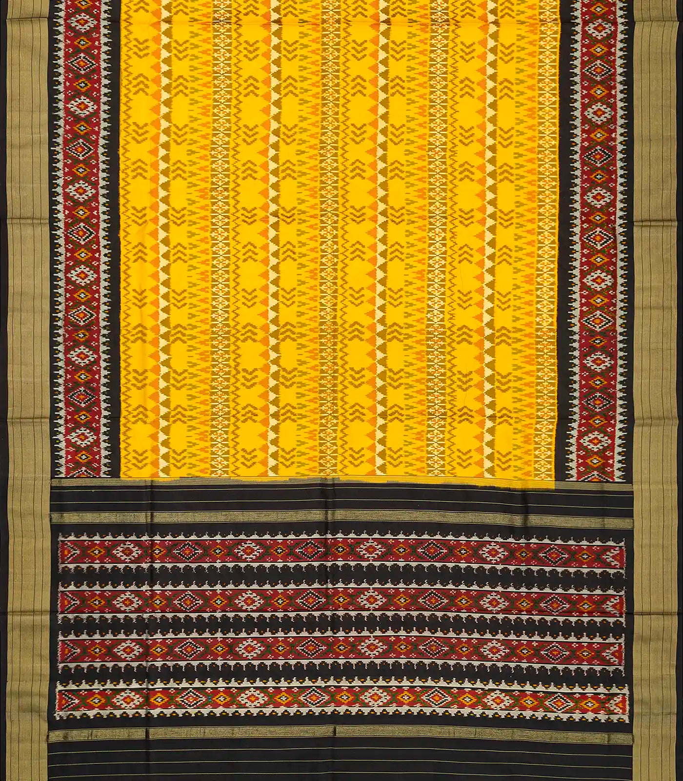 Yellow Handloom Ikat Silk Saree With Contrast Black Border