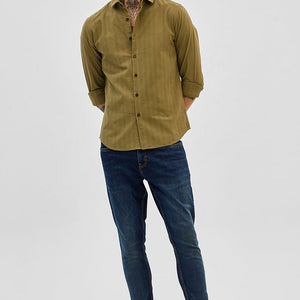 Olive Slim Fit Stripes Shirt