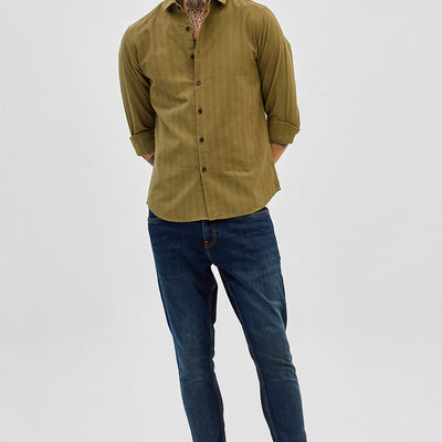 Olive Slim Fit Stripes Shirt