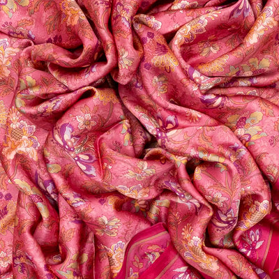 Baby Pink Woven Digital Printed Satin Silk Saree With Floral Motifs