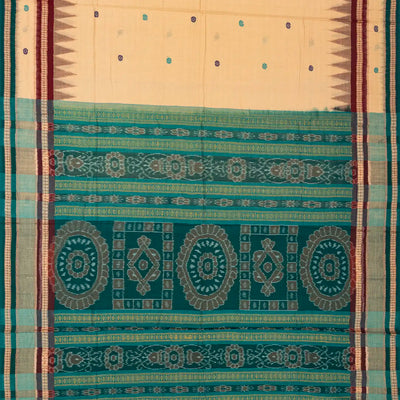 Taupe Handloom Orissa Cotton Saree With Cyan Tie & Dye Pallu