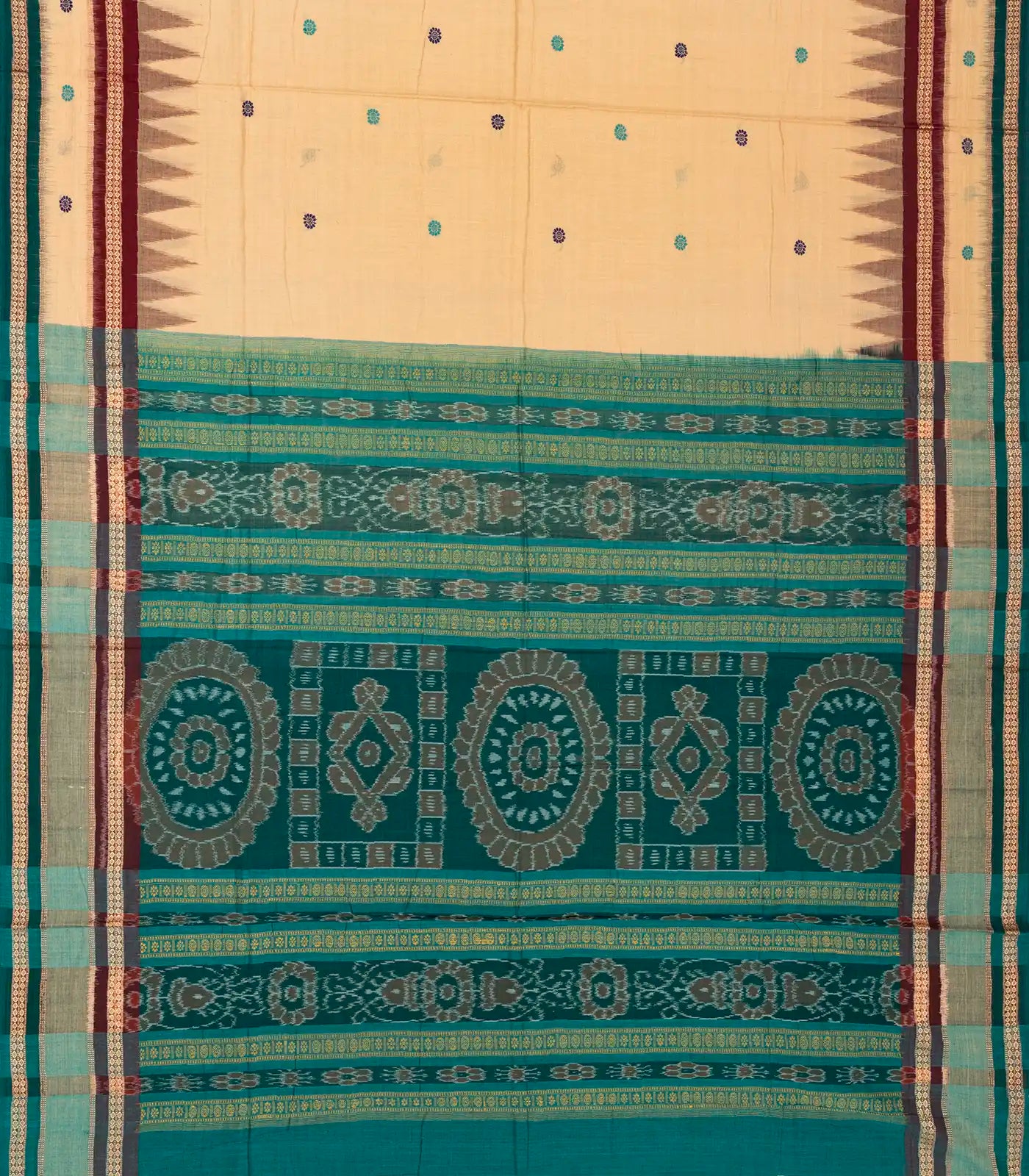 Taupe Handloom Orissa Cotton Saree With Cyan Tie & Dye Pallu