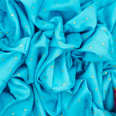 Turquoise Mysore Crepe Silk Saree With Coin Buttas & Pink Border