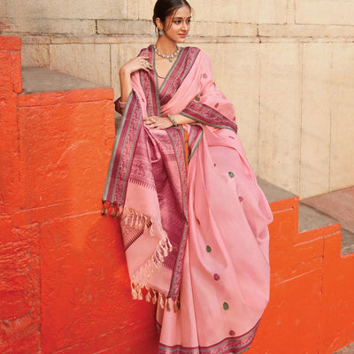 Baby Pink Handloom Kanchipuram Silk Saree With Meena Buttas