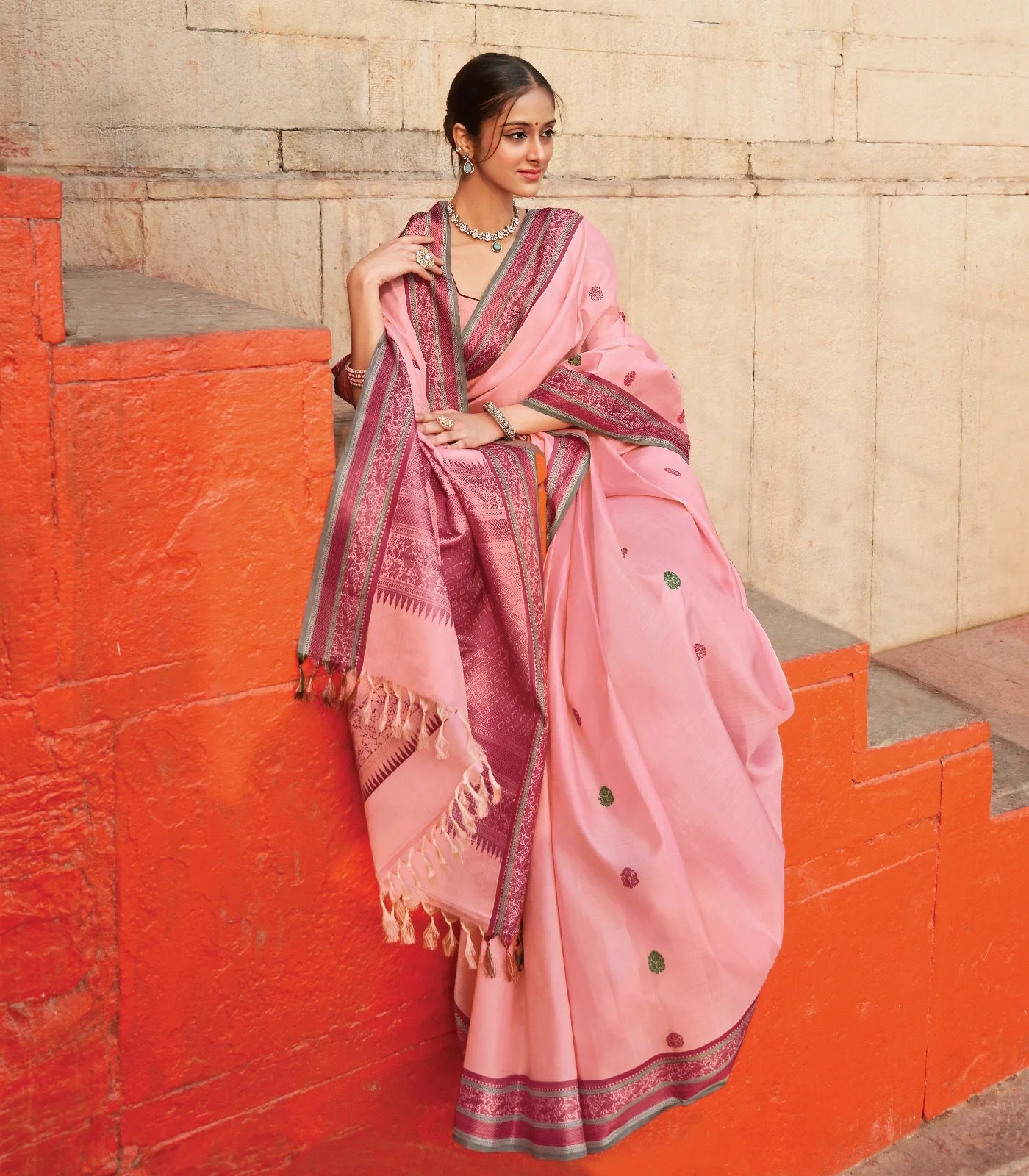 Baby Pink Handloom Kanchipuram Silk Saree With Meena Buttas