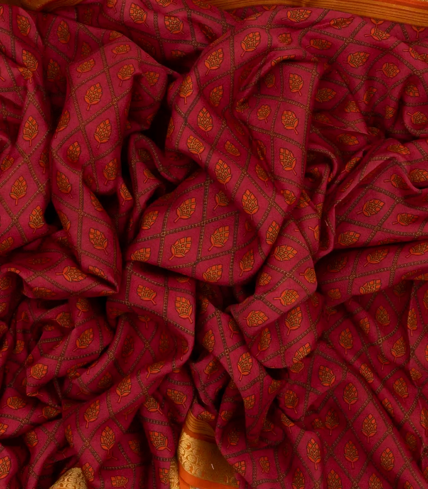 Crimson Silk Saree Printed With Floral Vine Motifs