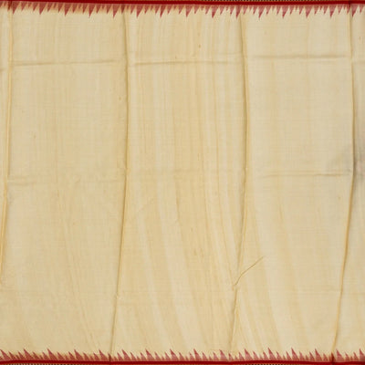 Beige Handloom Tussar Silk Saree With Printed Floral Motifs & Contrast Border
