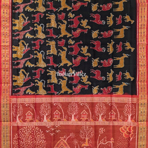 Black Jungle and Animal Theme Sambalpuri Silk Saree