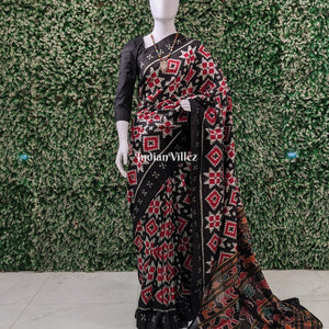 Black Red Pasapali Odisha Ikat Contemporary Silk Saree with Animal Anchal