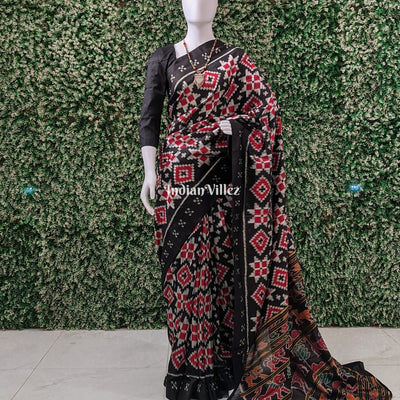 Black Red Pasapali Odisha Ikat Contemporary Silk Saree with Animal Anchal