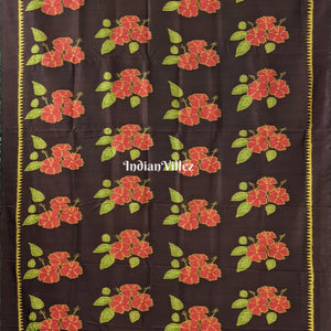Chocolate Brown Floral Theme Contemporary Silk Saree