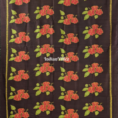Chocolate Brown Floral Theme Contemporary Silk Saree