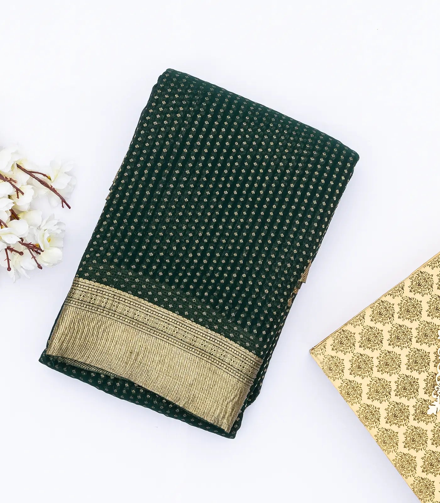 Bottle Green Mysore Crepe Silk Saree With Floral Motifs & Zari Border