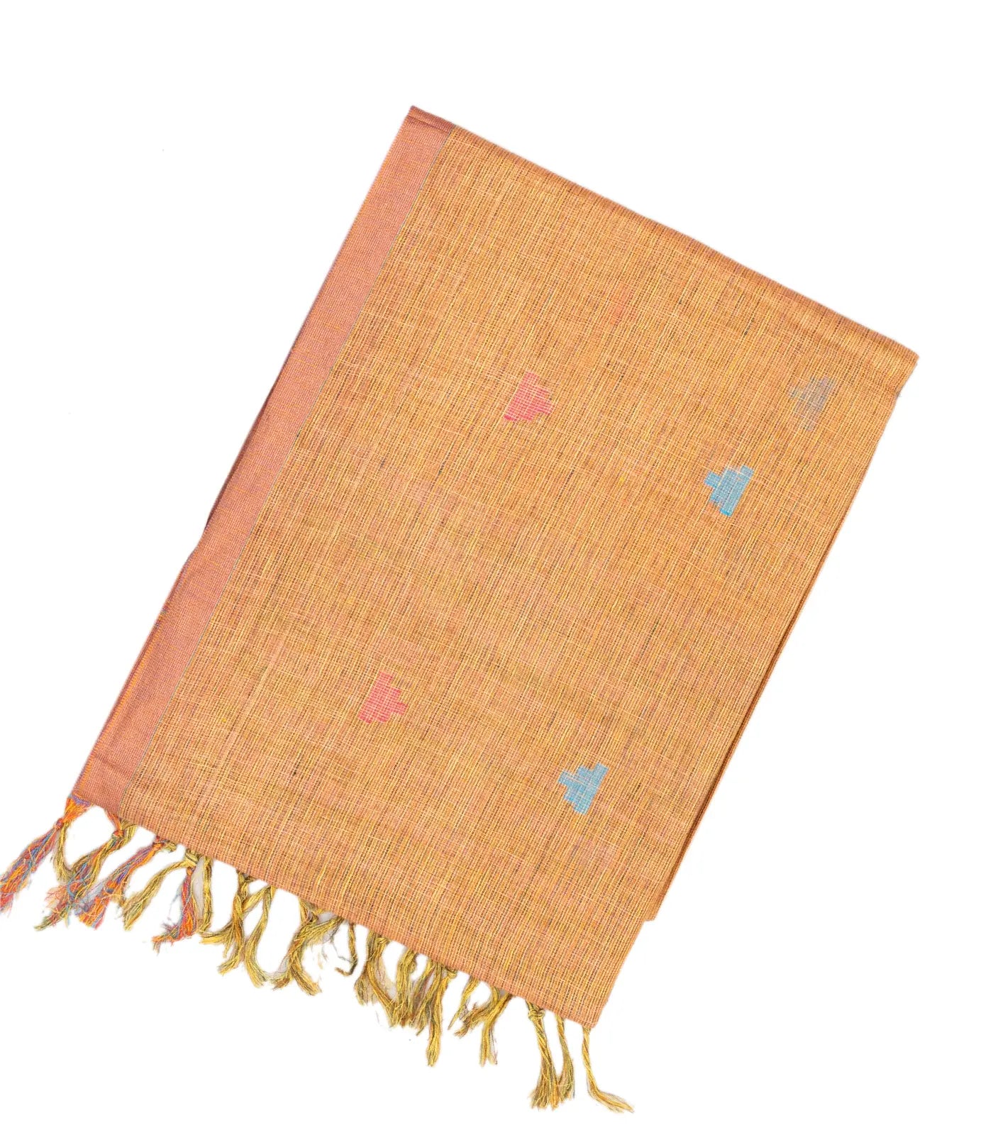 Light Peach Handloom Linen Saree With Temple Buttas