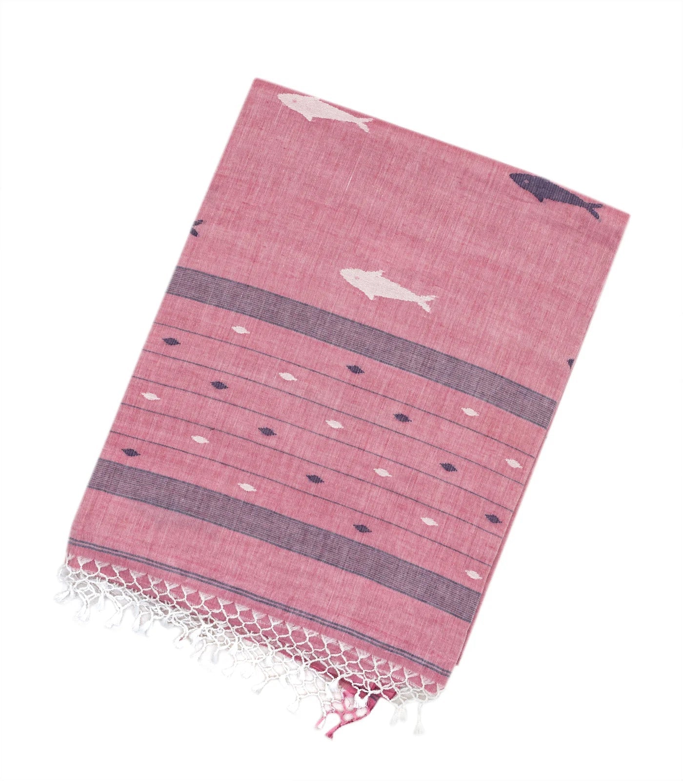 Dusty Pink Handloom Bengal Cotton Saree With Fish Motifs