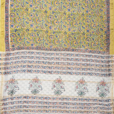 Lime Green Handloom Chanderi Cotton Saree With Printed Floral Motifs