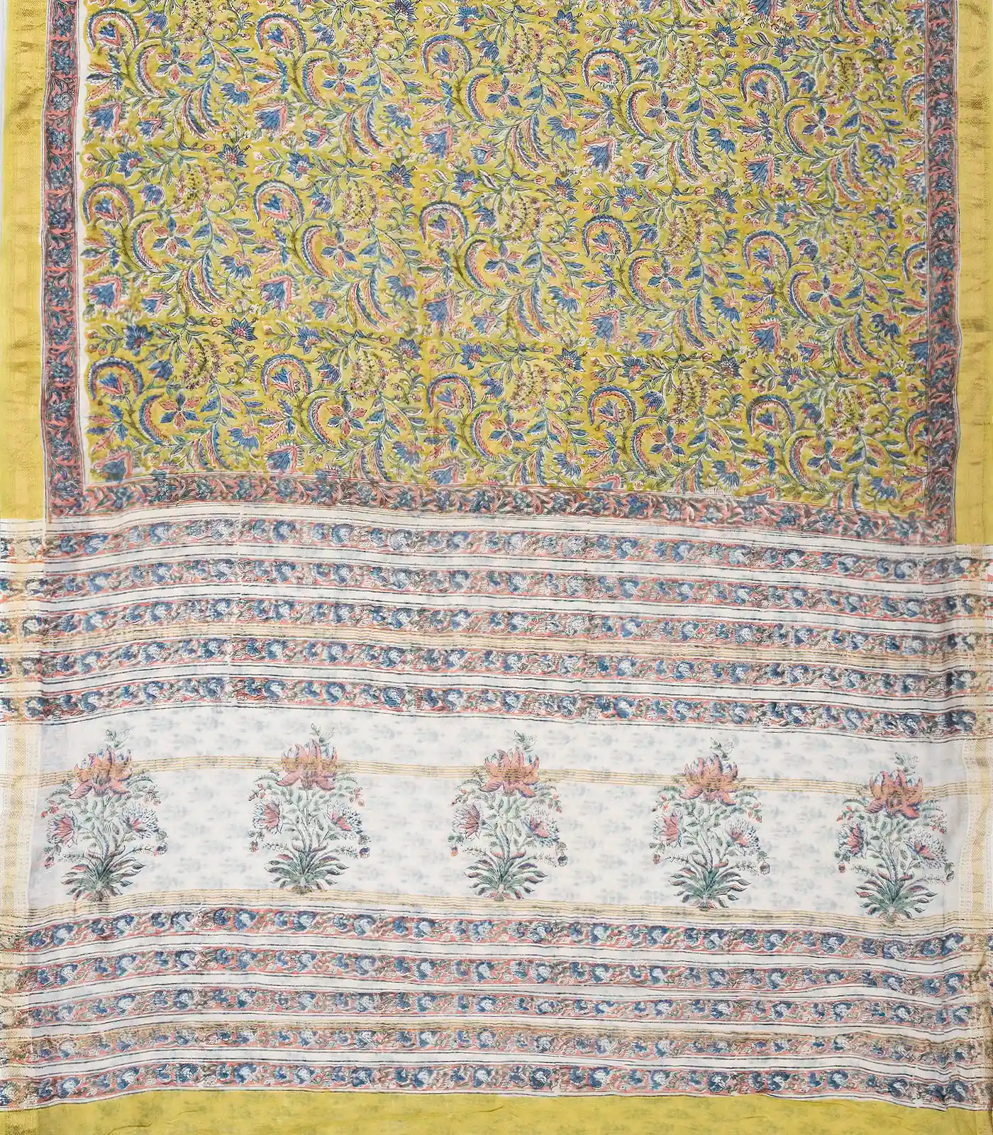 Lime Green Handloom Chanderi Cotton Saree With Printed Floral Motifs